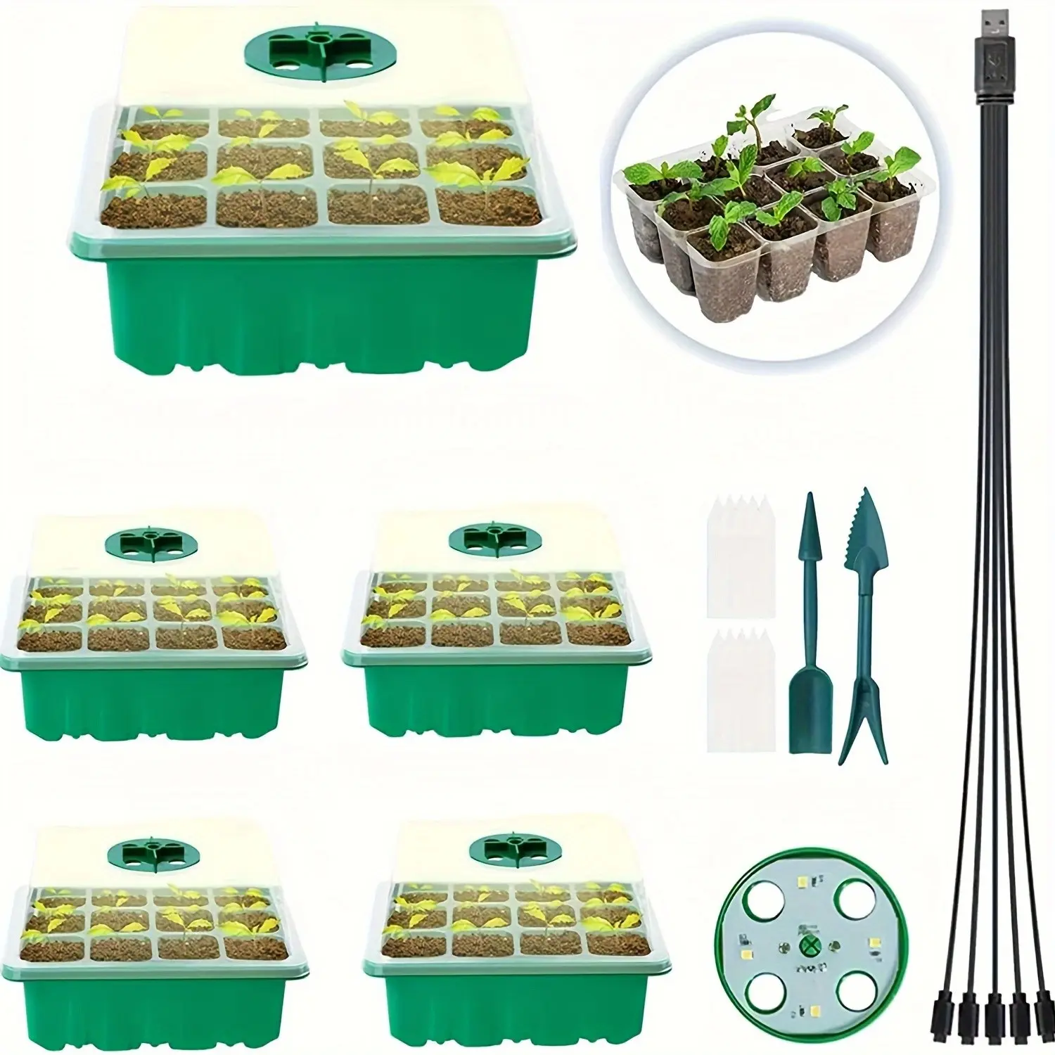 5-Pack 12-Cell Low-Profile Seed Starter Tray Kit, LED Grow Light, Organic Nursery Pots, 10 Labels, 2 Transplanting Tools, Indoor Gardening, Plant Growing Set