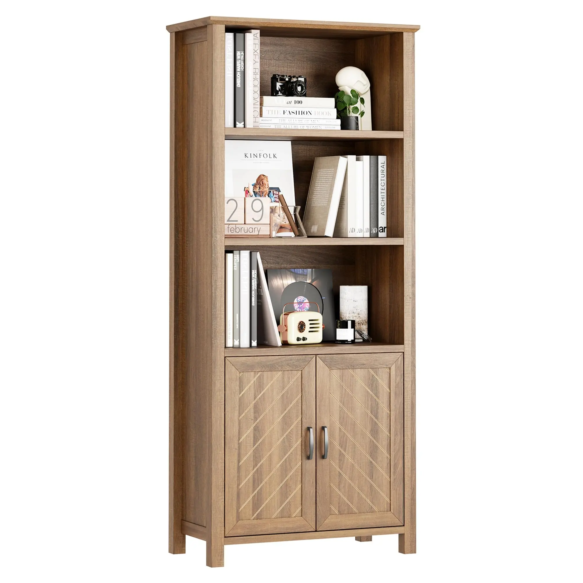 Garvee 71 Inch Farmhouse Bookcase with Doors, 5-Tier Floor Standing Wood Bookshelf Organizer with Adjustable Shelves for Living Room, Library & Home Office, Walnut