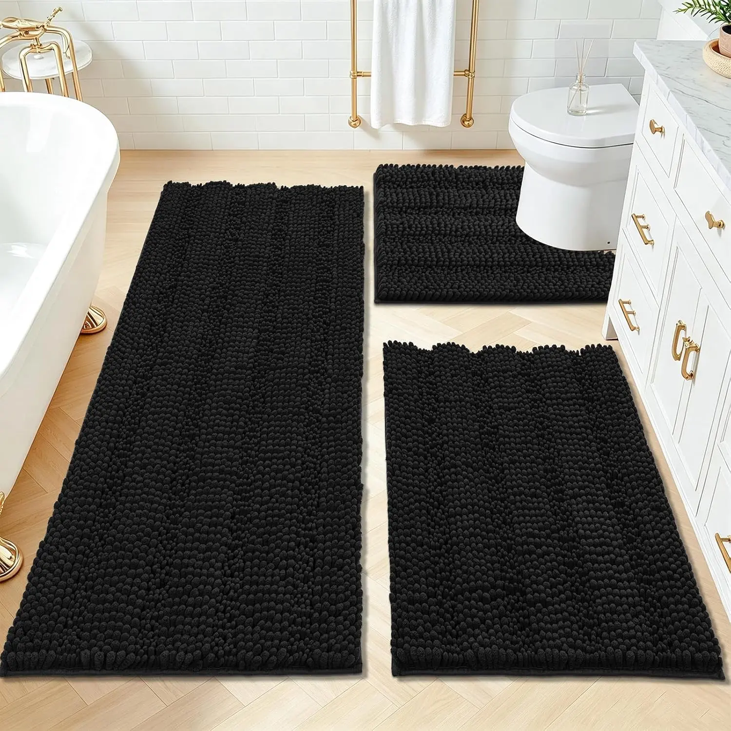 [Back to school] HEBE Bathroom Rugs Sets 3 Piece, Non Slip Washable Chenille Bath Mat Set | Super Absorbent Thick Plush Bathroom Mats, Ultra Soft Bath Rug with U-Shaped Contoured Toilet Mat Set for Shower and Tub Area