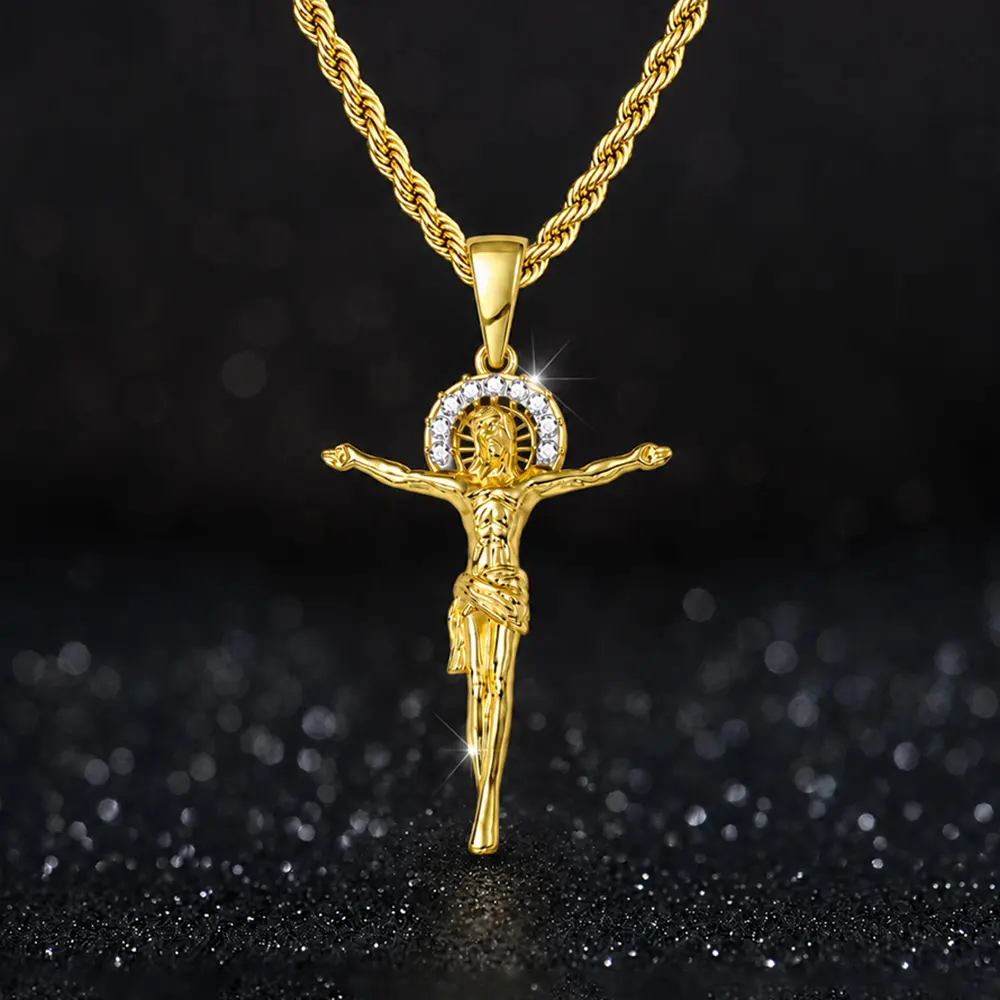 14K Gold Cross Jesus Necklaces Pendant for Men Women Cubic Zirconia Cross Necklace Religious Christ Jewelry Gift
