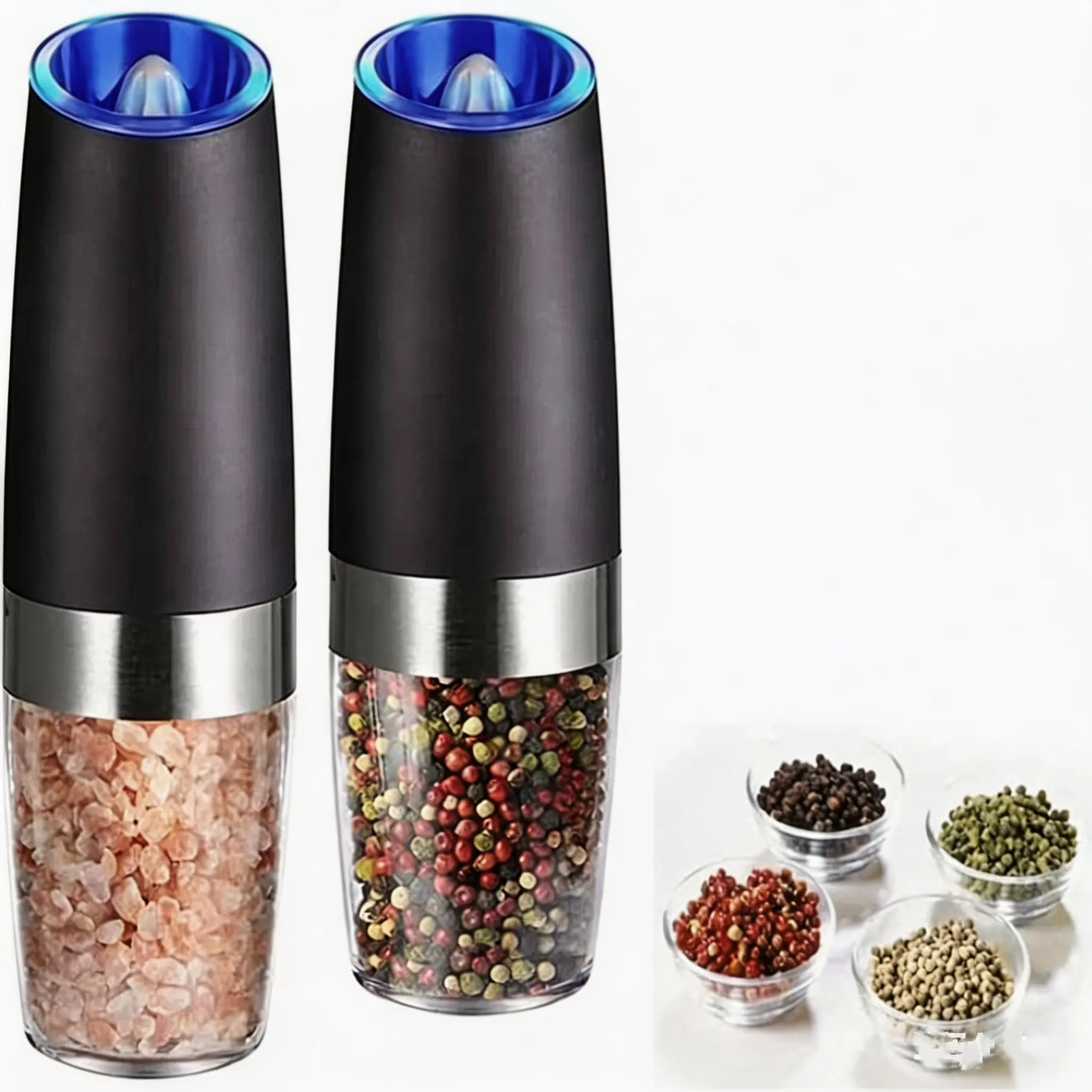2-Pcs Automatic Gravity Electric Salt & Pepper Shakers Set - Kitchen Gadgets Seasoning Utensils with Ceramic Core, Auto Grind, Bright LED Light, 6 AAA Batteries, Adjustable Coarseness, Large Capacity for Home BBQ, Parties, Restaurants, Campfire Parties