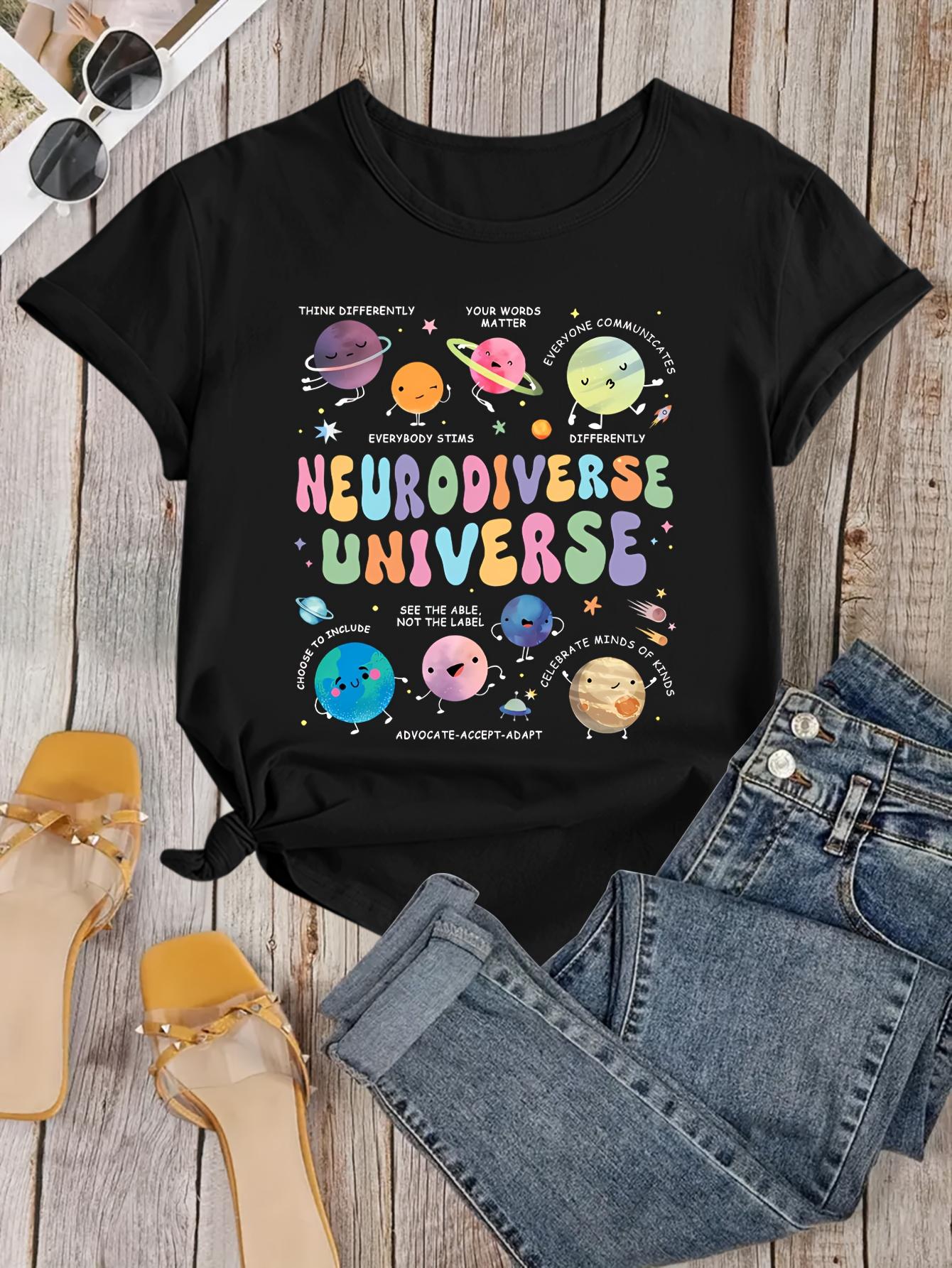 Neurodiverse Universe printed T-shirt, fun space planets, teacher's T-shirt, gift for teachers