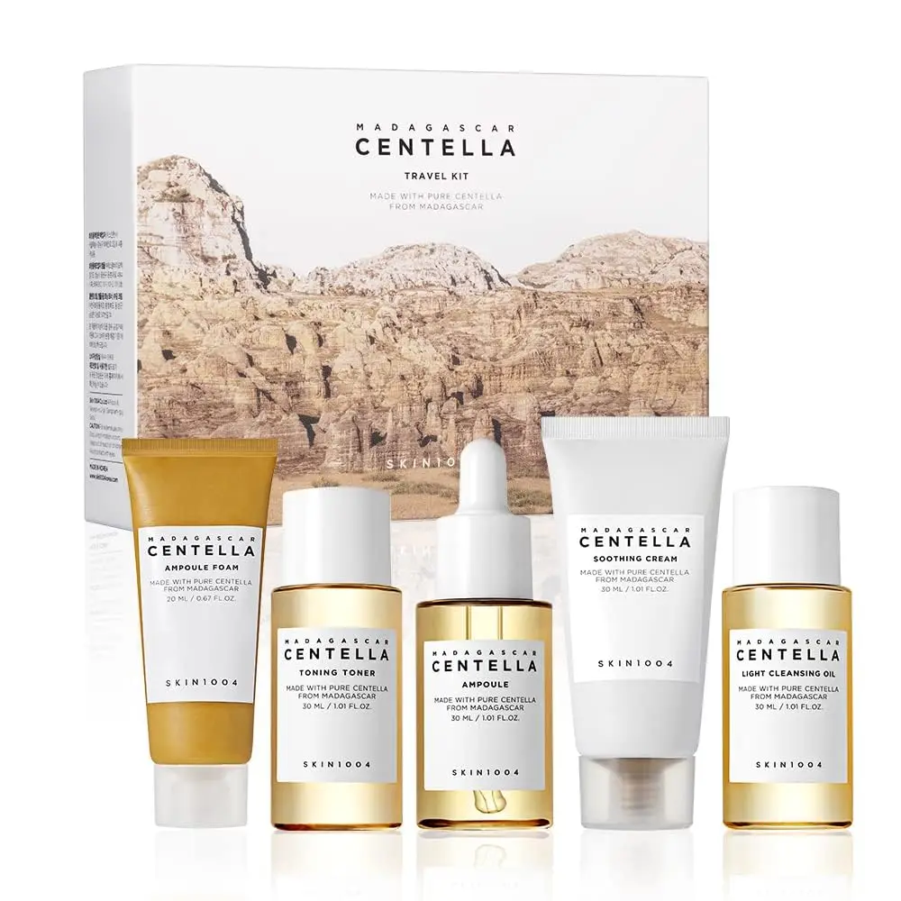 [SKIN1004] Madagascar Centella Travel Kit - Toner, Ampoule, Soothing Cream, Cleansing Oil, Ampoule Foam, Basic Skincare Trial Kit Box , Gift Sets for Mom, Women & Mothers Day, Compact Size