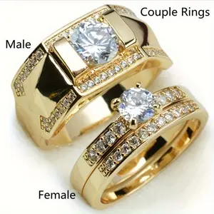 Classic Geometric Design Couple Rings, 14K Gold Plated Copper, 14K Gold Stackable Rings for Men and Women, Engagement and Wedding Fashion Costume Jewelry, Geometric Design Ring, Copper Base, Unisex Pair