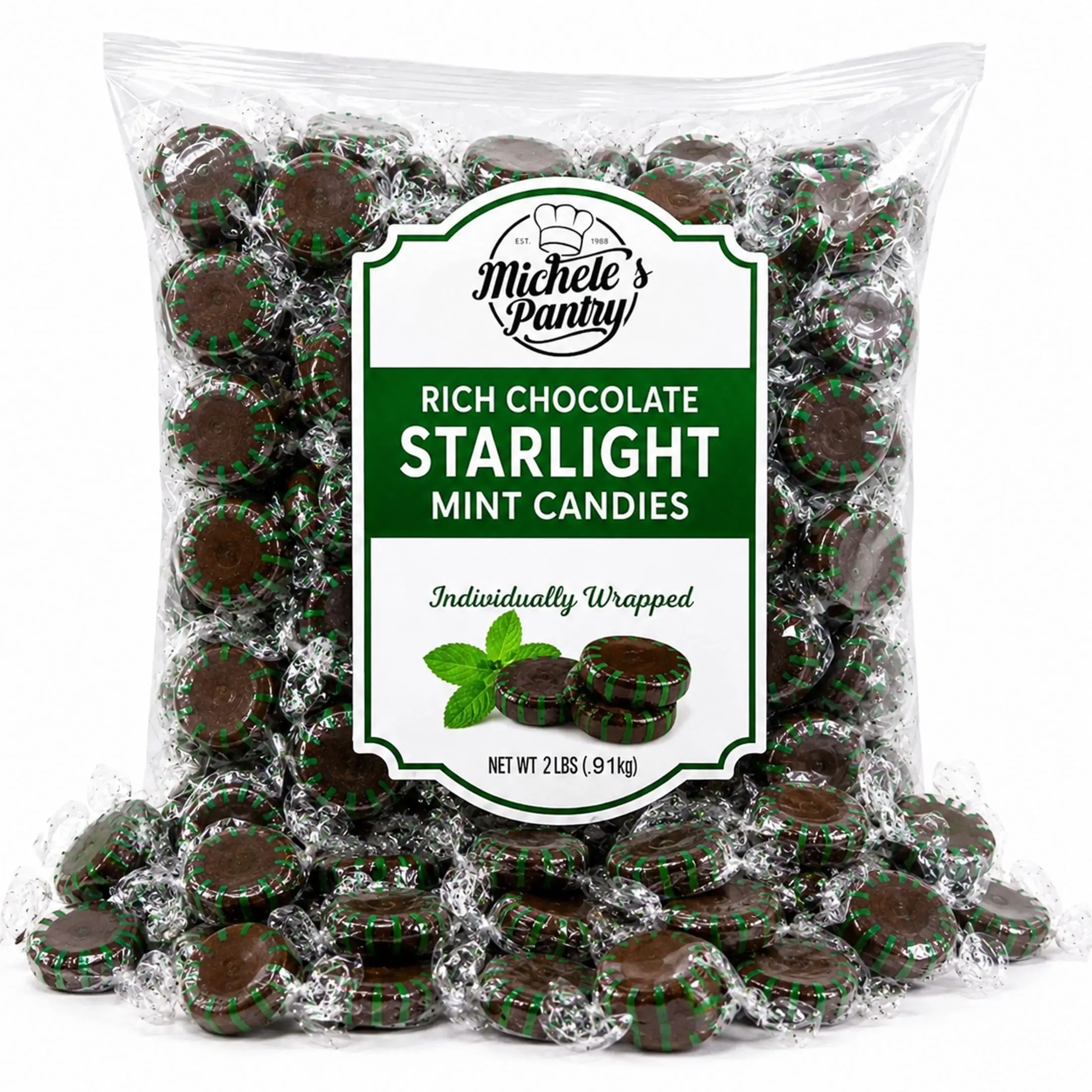Michele's Pantry Chocolate Starlight Mints, 2lb Bulk Wrapped Sugar Base Chocolate Mint Candy