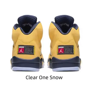 Unisex Retro High Top Basketball Sneakers Mustard Yellow Suede Upper Navy Blue Collar & Midsole Red Jumpman Woven Tag Ice Transparent Outsole Street Sport Trainers