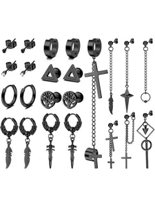 23 Pcs Black Gothic Bold Stylish Mixed Earring Set for Women Men Fashion Studs Hoops Stainless Steel Alloy Drop Earrings Mini Bead Barbell Piercing Studs Simple Cartilage Piercings Multi-use Indie Daily Outfits with Classic Street Vibe