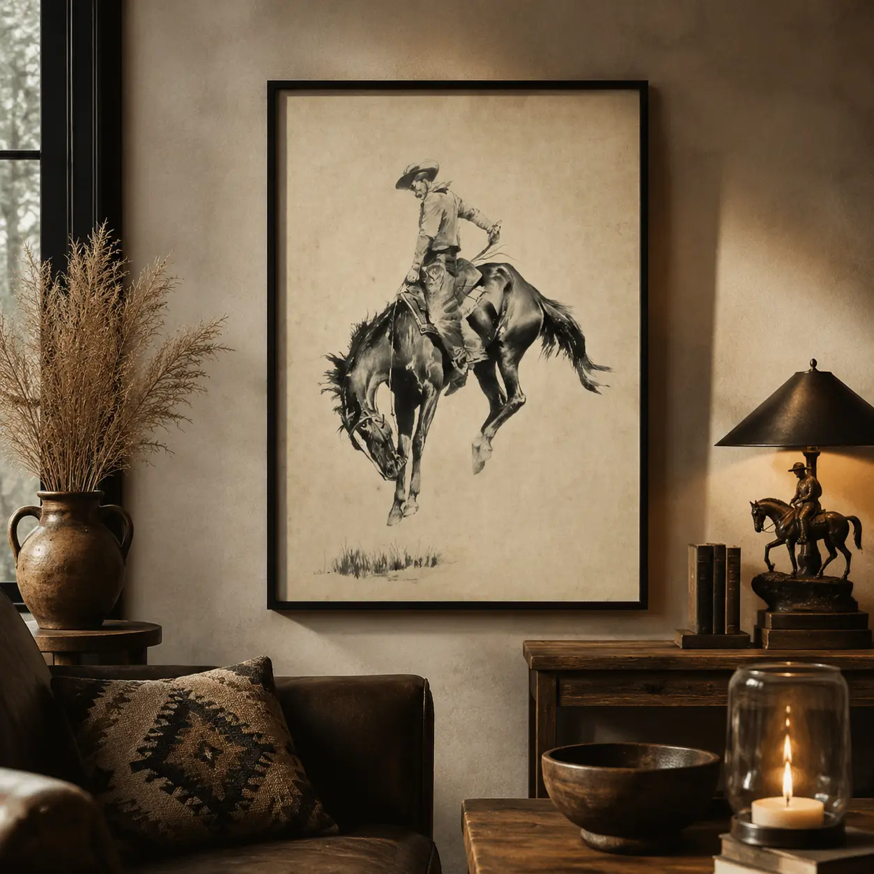 Cowboy Riding Bucking Bronco Artistic Graphic Print Poster, Western Rustic Canvas Decor, Room Art for Bedroom & Living Room Home Supplies