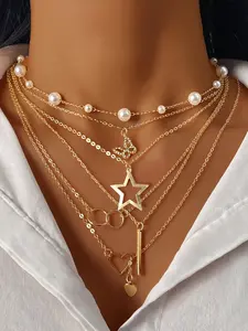 Butterfly Pearl Star Multi-Layer Necklace Set, Modern Versatile Accessories, Fashion Trendy Versatile Korean Style Elegant Women's Clavicle Chain Necklace Layering Clasp, Dainty Layering Jewelry