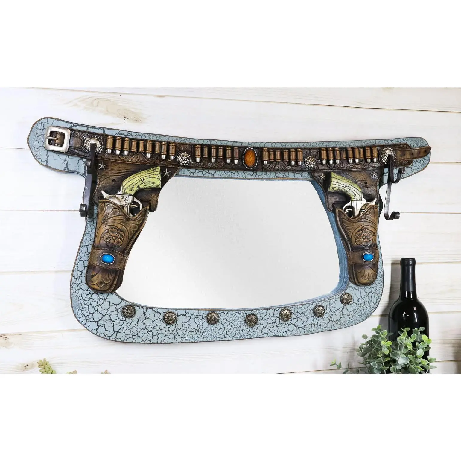 Wild West Star-Painted Synthetic Leather Dual Pistols in Holster Wall Mirror with Towel Hooks, Home Decor Hook & Shelf Accessory