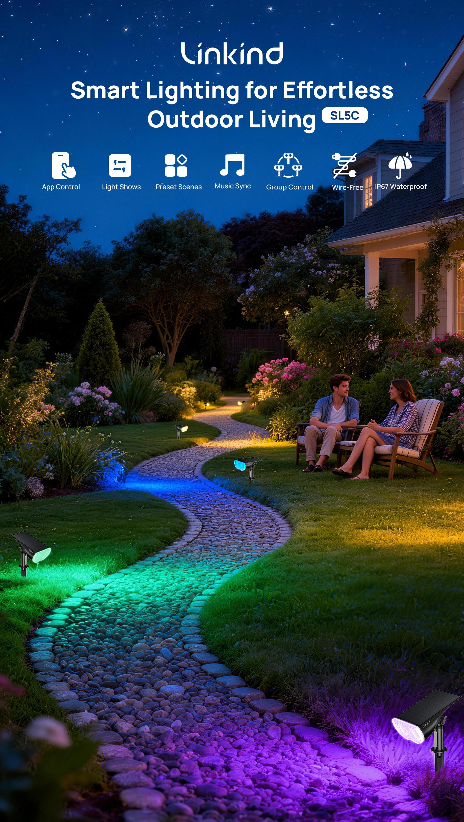 Linkind Smart Solar Spotlight SL5C Color Changing Cool Warm White Landscape Lighting APP Control Solar Lights Outdoor IP67 Waterproof for Yard Garden Pathway 2 Pack with AI-Dot App for Customizable Scenes