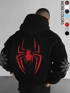 Men's Fall Winter Hoodie with Spider Pattern, Unique Spider Print, Drawstring and Kangaroo Pocket, Casual Fitted Sweatshirt, Street Fashion