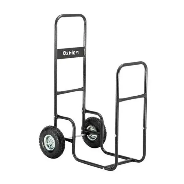 Outdoor Firewood Log Cart with Pneumatic Tires - Black Steel Rolling Wood Carrier