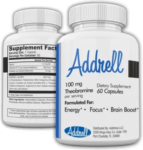 Addrell Energy Stimulant & Study Supplements Pill - Nootropic Brain Supplement - 60 Capsules  Edible Fitness Healthcare Natural Vitamin Dietary