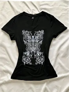 Cross Wings Gothic Graphic T-Shirt for Women | V-Neck Slim Fit Cotton Tee, Grunge Streetwear Y2K E-Girl Aesthetic, Retro 90s Alt Fashion, Edgy Street Style, Dark Academia, Witchy Fashion, Emo Aesthetic, Vintage Print, Casual Streetwear, Trendy 2025, Soft