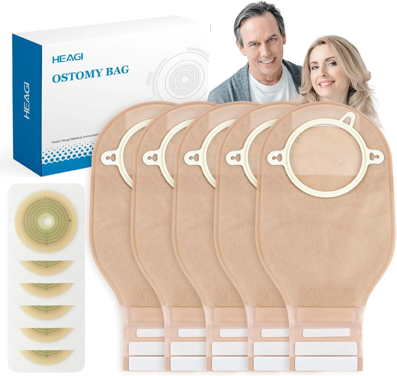 60pcs Ostomy Supplies Colostomy Bags, 2 Piece Colostomy Bags, Drainable Pouches with Closure for Ileostomy Stoma Care, Cut-to-Fit, 70mm Max (40 x Ostomy Bag + 20 x Skin Barrier）