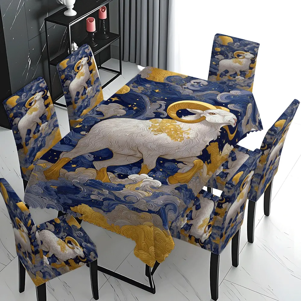 5/7 Pcs 2D Flat Aries Ram Celestial Cloud Print Tablecloth & Chair Cover Set, Stretch Washable Dining Chair Slipcover, Mystic Zodiac Art for Astrology Room & Holiday Banquet Decor
