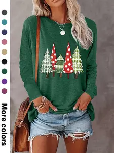 Women's Christmas Tree Print Long Sleeve Casual Style Fitted T-Shirt, Comfortable Fabric, Available in 9 Colors, All Seasons Wear