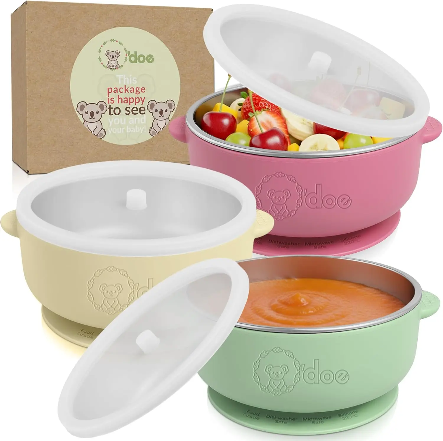 o'doe Baby Stainless Steel Bowl Pack – BPA-Free, Non-Slip with Suction Base, Lid Seals for Self-Feed Baby & Toddler Food, Snacks