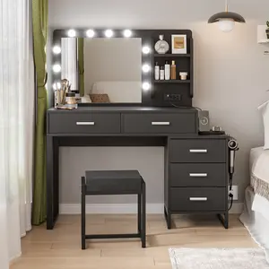 47" Vanity Desk with Lights, Makeup Vanity Set with Charging Station, Dressing Table with 5 Drawers and Cabinet, Vanity Mirror 3 Lighting Color Adjustable, Black