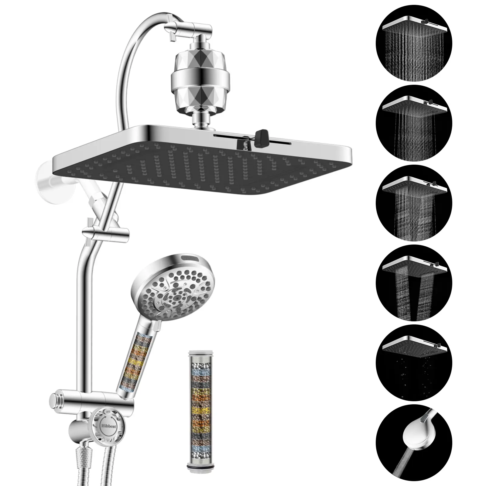 Hibbent Handheld Showerhead Set - 13-in 5-Spray Dual Filtered Rainfall Shower Head, 10-Spray Handheld, 4-Way Diverter Shower Arm, 71-in Hose, Chrome Holder, Easy Reach, Pause Mode, Filtered Shower Heads