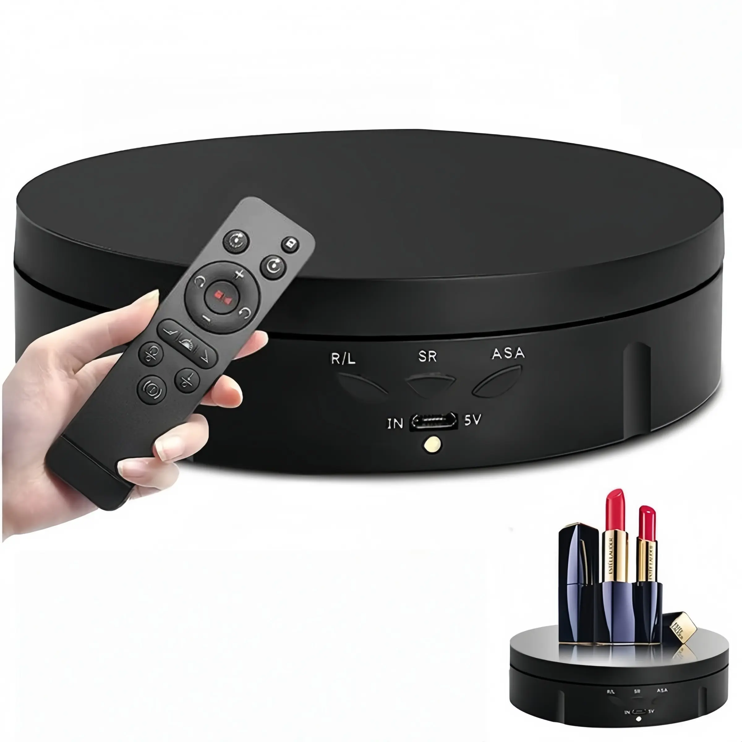 Motorized 360° Rotating Display Stand with Remote Control - Ultra-Quiet Motor, 10kg Load Capacity, Matte Finish, Round Base, Display Support, 1 Connection Cable, Window Use, 1 User Manual (Black/White) for Photographers