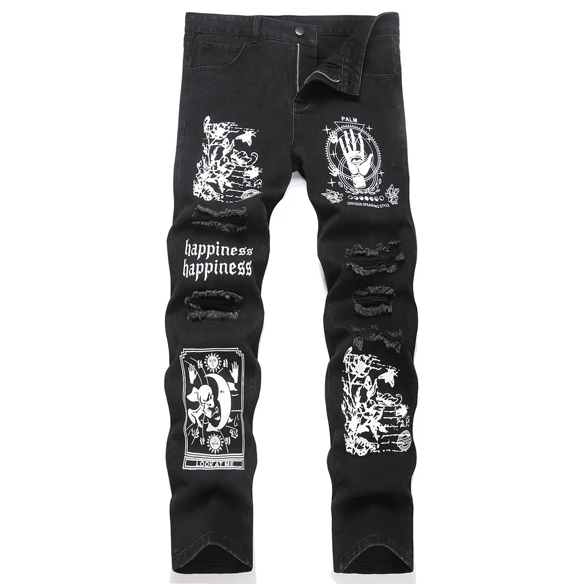 Men's Casual Ripped Jeans, Plain Cotton Denim Straight-Leg Fit, Distressed 90s Streetwear Style with Pockets, Menswear, Fashion Apparel, All-Season, Loose-Fit, Tops, Clothes