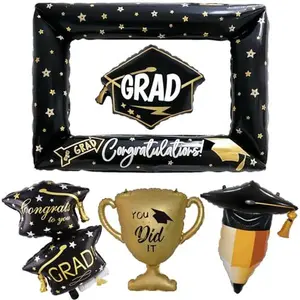 Large Graduation Balloons Foil Cap Trophy Balloon Photo Booth Frame Class of 2024 Graduation Decorations 5 Pcs