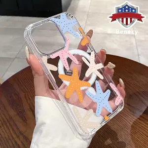 Magnetic Soft Case for iPhone 15 16 14 Pro Max 13 12 11 XR XS Plus E Seastar Symphony Pattern Anti-Yellowing Shockproof ultra-thin Silicone Crystal Transparent Acrylic Large Hole Cover Supports Wireless Charging