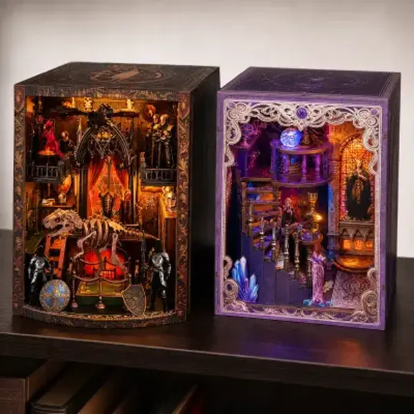 Tarot Society + Dragon Fantasy Book Nook Bundle — Dual Mystical DIY Wooden Puzzle Kit with LED Lights, Witchy & Medieval Shelf Décor Set for Adults, Perfect Christmas Gift for Book Lovers