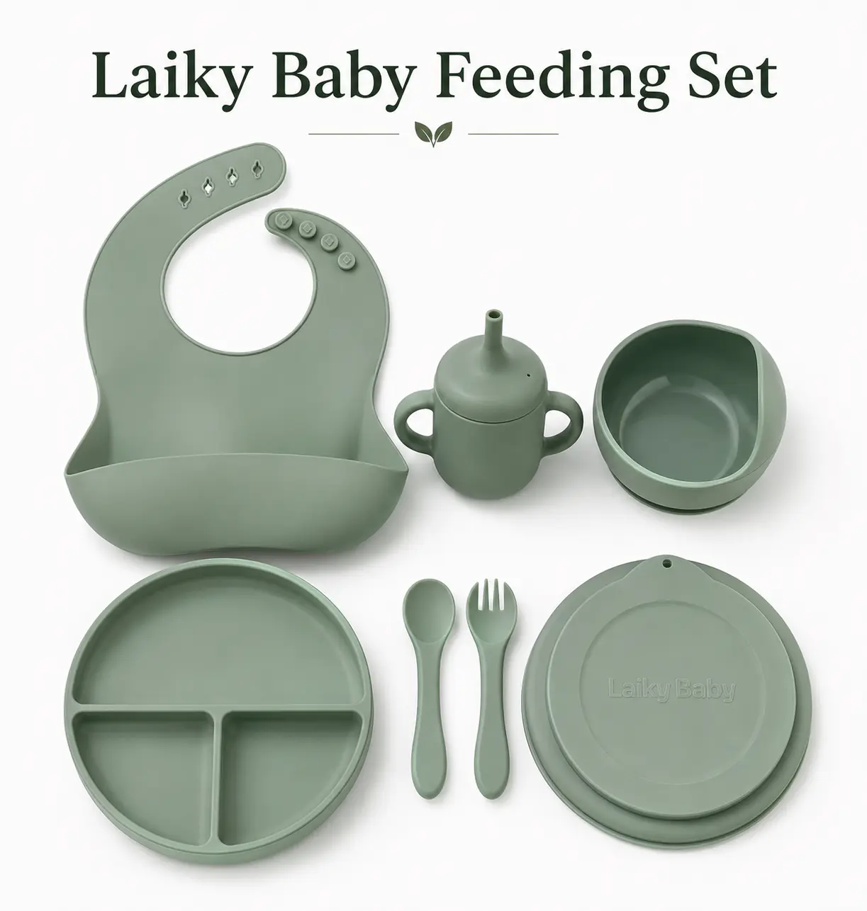 Laiky Baby Silicone Baby Feeding Set | Led Weaning Feeding Set – Suction Divided Plate with Lid, Bowl, Baby Utensils Spoon and Folk, Straw Cup and Adjustable Bib | Baby Feeding Essentials