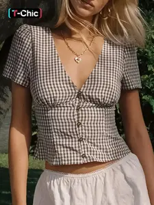Women's Plaid Print V-Neck Short Sleeve Button Front Blouse, Shirts, Casual Top for Summer, Fashion Women's Top for Daily Wear, Classy Top