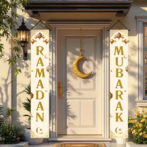 2D Door Banner, Ramadan Mubarak Door Banners - Elegant Polyester Welcome Flags with Crescent Moon and Stars, Perfect for Indoor/Outdoor Festive Decorations, Decorative Banner, Ideal for Home Entrance, Porch, and Courtyard, Ramadan Decoration