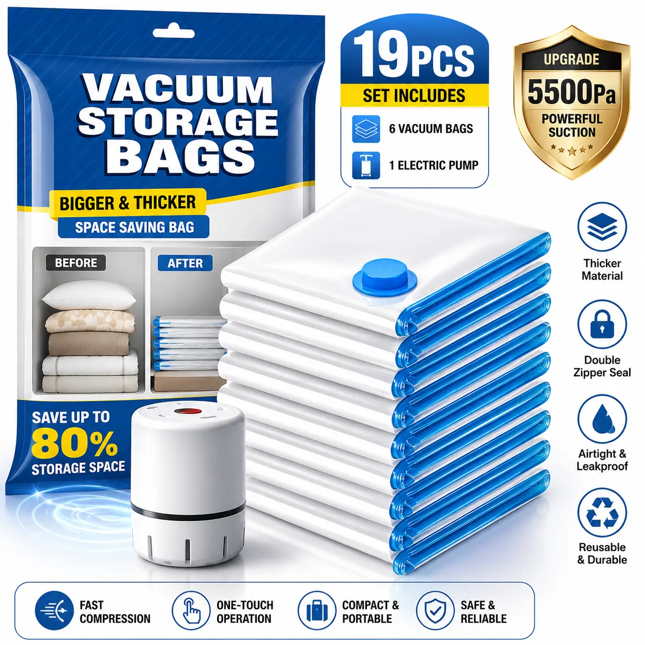 19Pcs Compressed Vacuum-Sealed Storage Bags with Electric Pump - Clothes Quilt Storage Solution for Home & Travel Organization