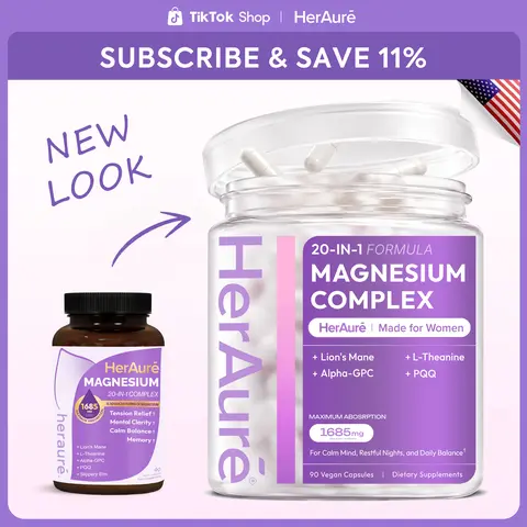 HerAure 20-in-1 Magnesium Complex 1685mg - BrainFog Relief, Reduce Overthinking & Calm Mind, StressRelief & Sleep Comfort, Digestion, Muscle & EnergySupport, 12 Forms of Magnesium, B6, Zinc & SlipperyElm, HealthyLifestyle,womenshealth,C