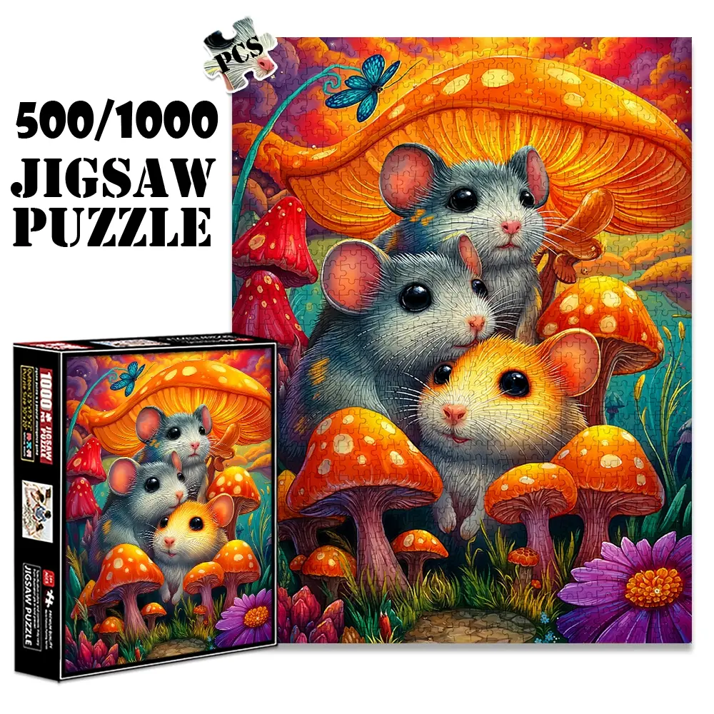 1pc 1000 piece adult puzzle 70x50cm Three Mice under Mushrooms with Butterfly and Flowers 500 pieces of paper jigsaw puzzle, suitable for adults and families, large-scale DIY puzzle interactive toy