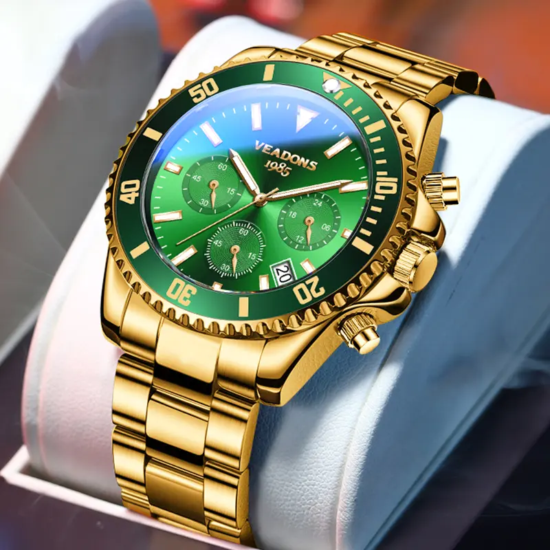 【Sunglasses Gift Set 】Veadons Men's Luxury Dress Watch, Green Dial, 40mm Stainless Steel Strap, Rotating Quartz Analog, Waterproof Luminous Large Dial Boss Wristwatch summer business