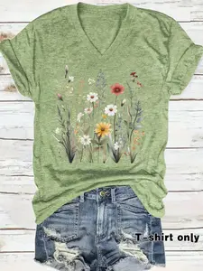 Women's V Neck Floral Boho Bohemian Print Casual Summer Top, Loose-Fitting Short Sleeve T-Shirt, Comfy Basic Tee, Comfortable Breathable, S-Xxl, Womenswear