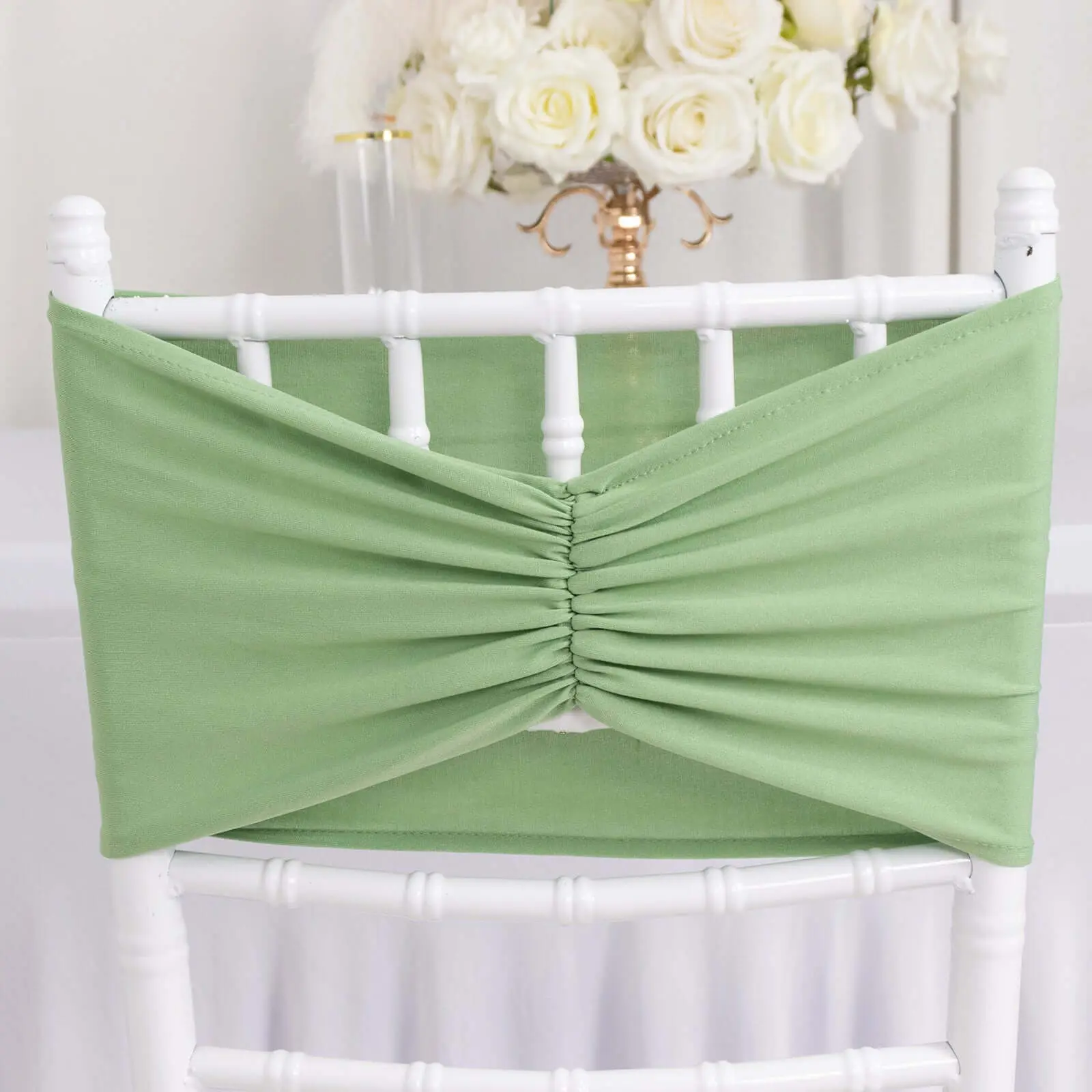 5 Pack Solid Spandex Chair Covers - Sage Green, Easy-to-Use Wide Stretch Bands, 8"x13" Spandex Sashes, Machine Washable