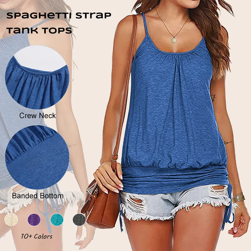 Women Summer Tank Tops Casual Spaghetti Strap Banded Bottom Loose Camisole Side Shirring Lace Up Shirt