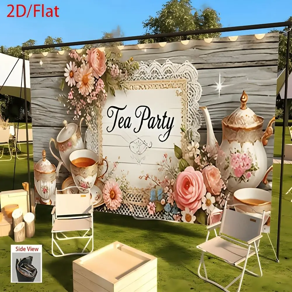 1pc Vintage-Style 2D/Flat Floral & Porcelain Tea Party Backdrop Banner - Glam, Durable Polyester Textile Decor for Weddings, Versatile Indoor-Outdoor Textiles & Soft Furnishings