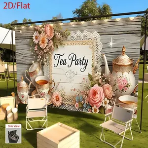 1pc Vintage-Style 2D Flat Tea Party Backdrop Banner - Floral & Porcelain Design, Elegant Polyester Textile Decor for Weddings, Versatile Indoor/Outdoor Textile Soft Furnishing, Wedding