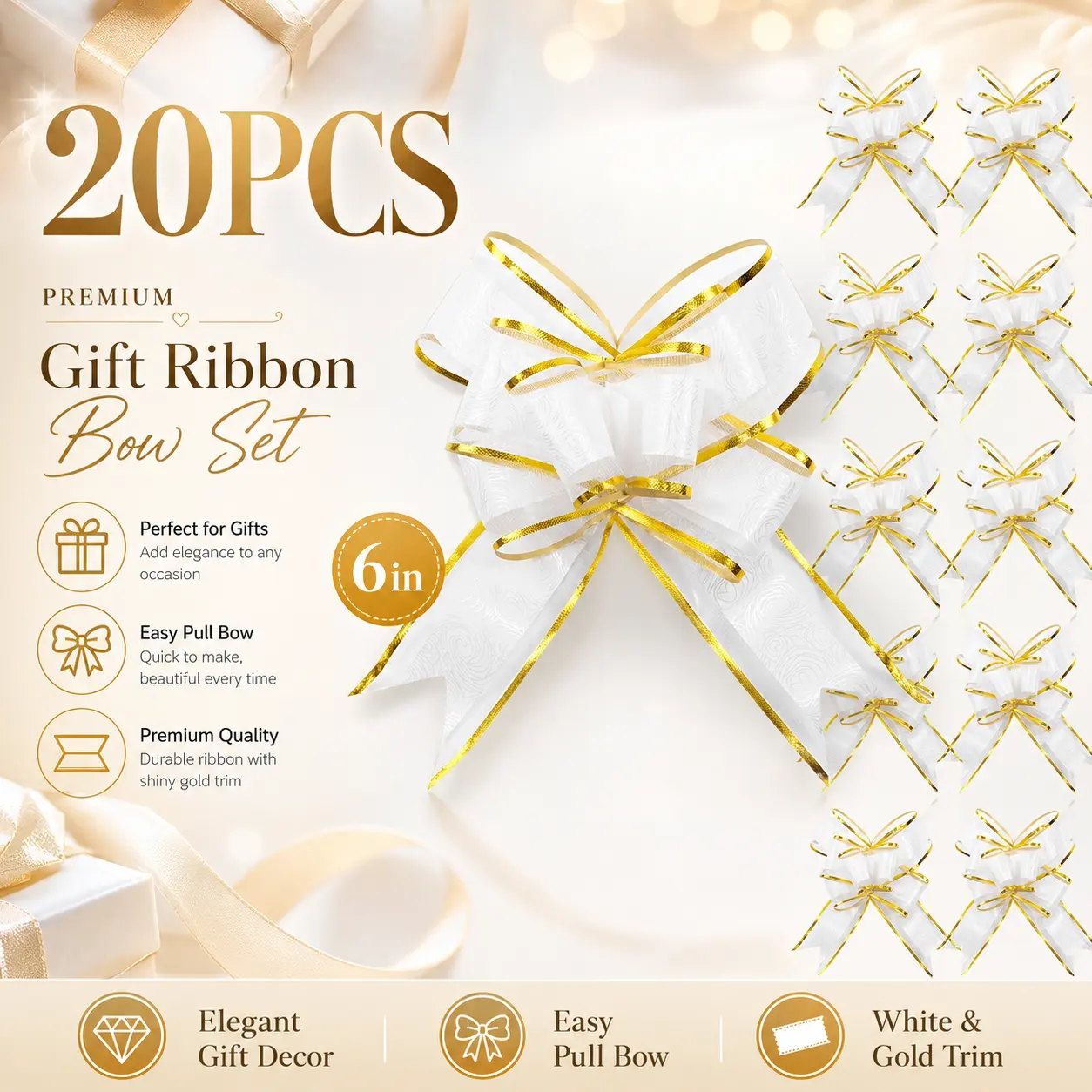 Reusable Large Ribbon Pull Bows, 20 PCS 6-in Bows for Gift Wrapping, Gift Baskets, Christmas Decor (Style3)