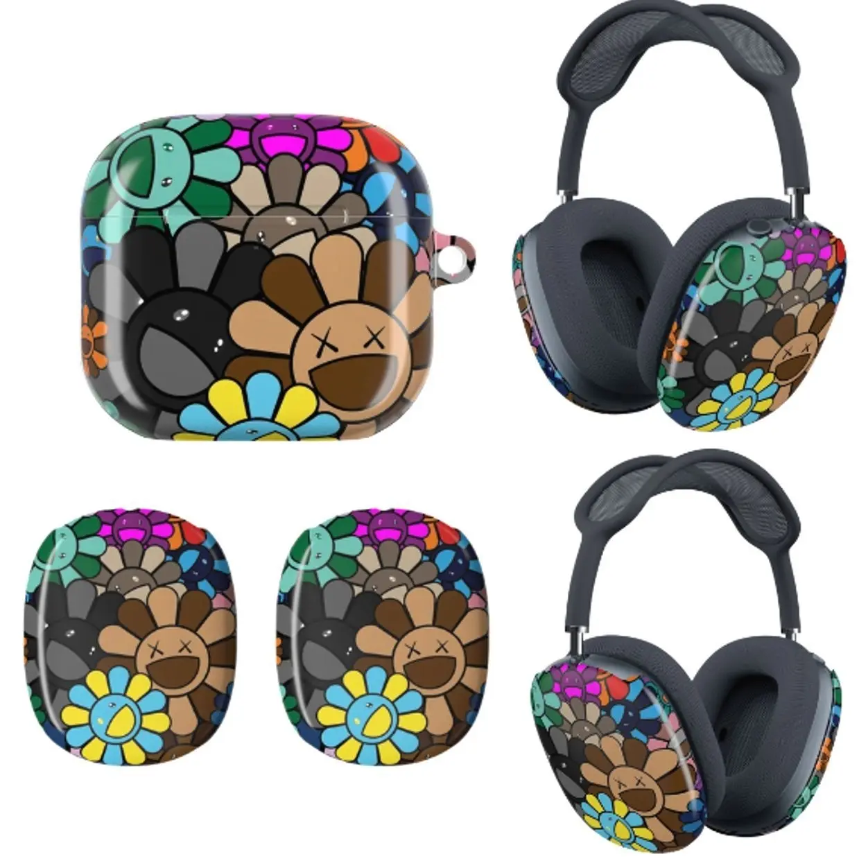KAWS Style Flower Smiley Face Ear Cup Covers for AirPods Max, Takashi Murakami Inspired Floral Protective Skin, Case for Apple AirPods Pro