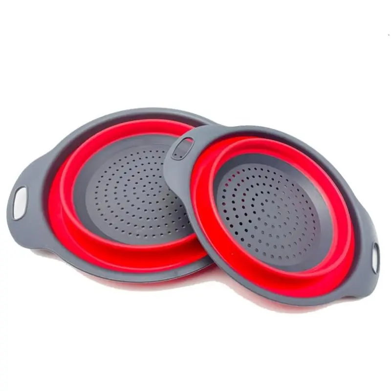 2-Pack Foldable Silicone Pasta Strainers - Durable Kitchen Colander Filters, Adjustable Kitchen Strainer Utensils for Draining Fruit & Vegetables, Portable Sink Washing Bowl (Red)