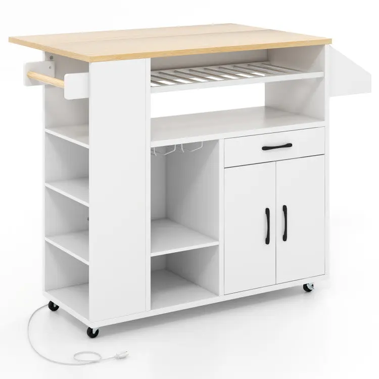 Contemporary Sturdy Metal Frame Rolling Kitchen Island Cart - 2 AC Outlets, USB Charging Station, Storage Organizer, Stemware Holder, Appliance Space, Braked Wheels, Support Brackets, Multi-Functional Floor Cabinet for Kitchen, Home Bar, Appliances