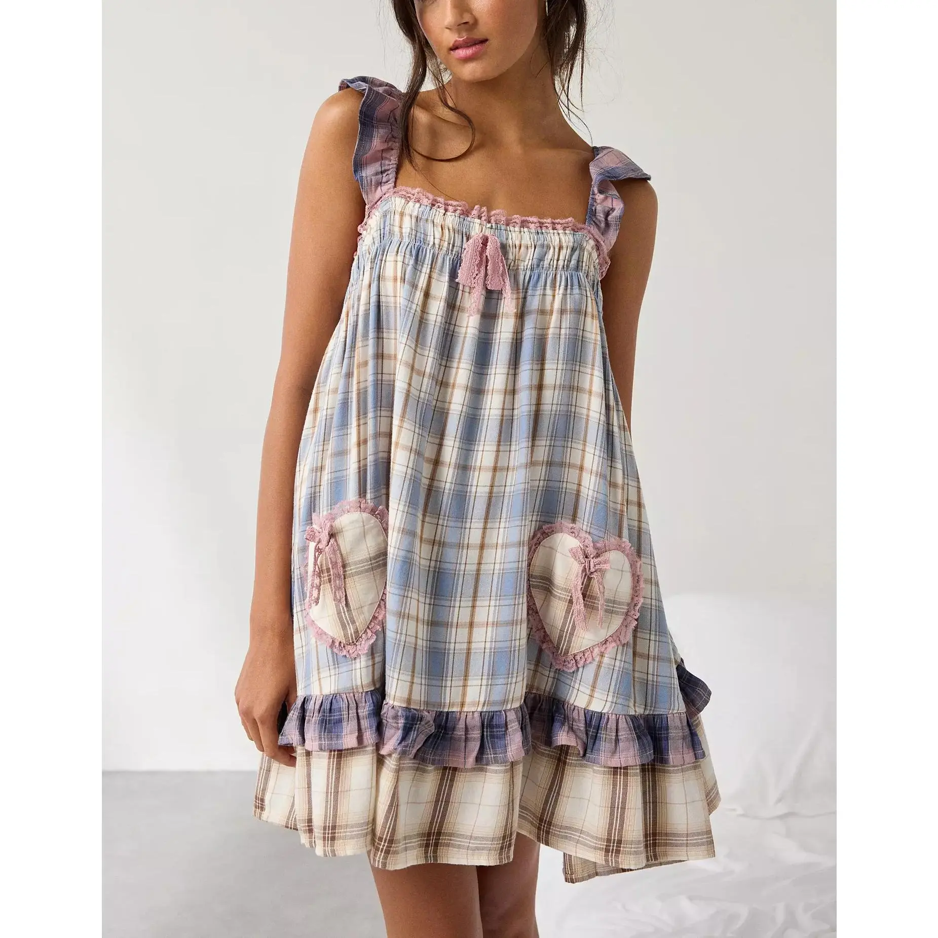Women's Pink Plaid Sleeveless Tank Dress with Ruffled Straps and Heart Pockets Casual Summer Beach Dress