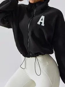 Women's Letter Print Solid Zip Up Crop Jacket, Zipper Jacket, Casual Long Sleeve High Neck Outerwear for Fall & Winter, Ladies Clothes for Daily Wear, Coats, Casual Jackets, Casual Fashionable Outerwear, Womenswear