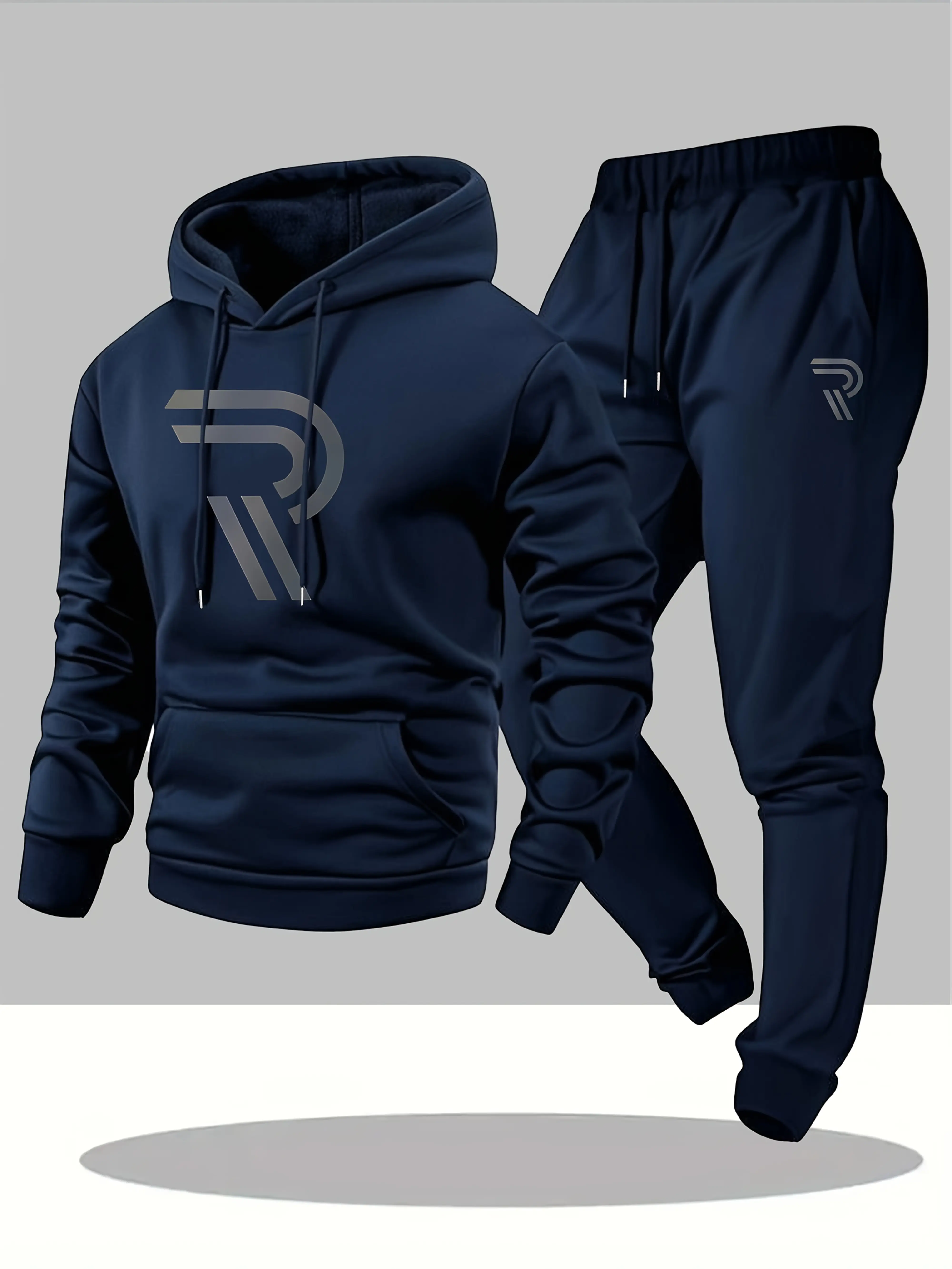 Men's two-piece hooded sweatshirt and pants set - gray with black logo, non stretchy fabric, regular style, pocket, suitable for autumn and winter, casual wear | hooded sweatshirt | pocket pants, hooded sweatshirt