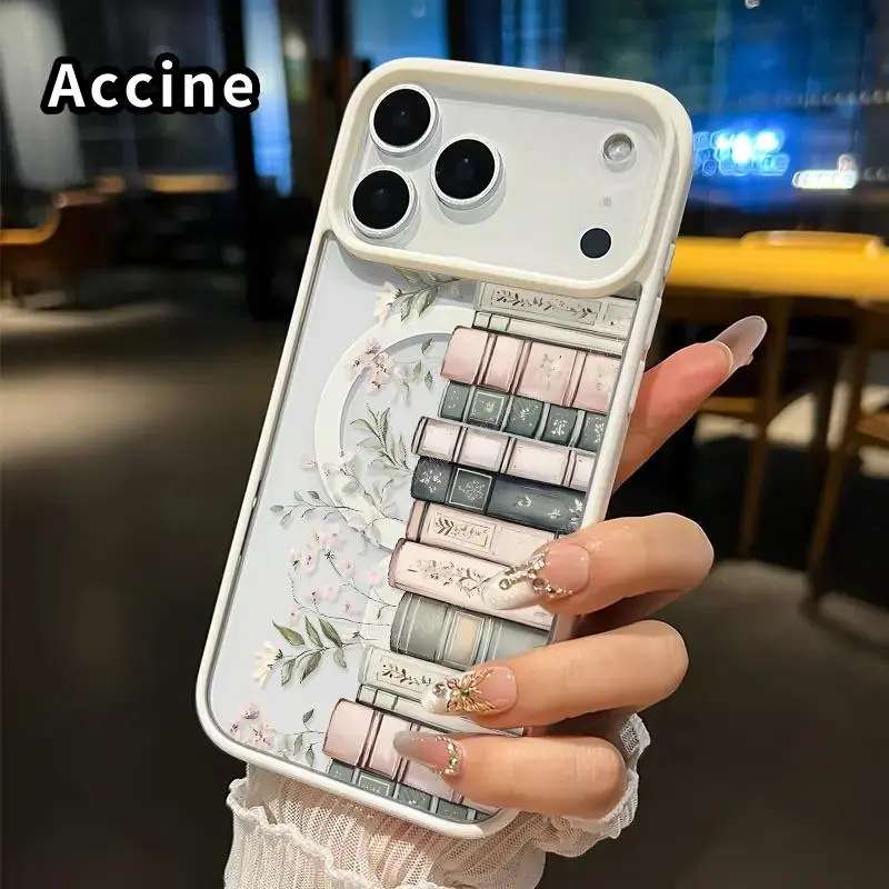 Magnetic Smartphone Case for iPhone 17,16 Pro Max Plus,15,14,13,12,11,Air E - Floral Book Stack Pattern, Non-Yellowing, Shockproof, Soft Silicone Transparent Acrylic Cover, Wireless Charging-Supporting Mobile Phone Accessories